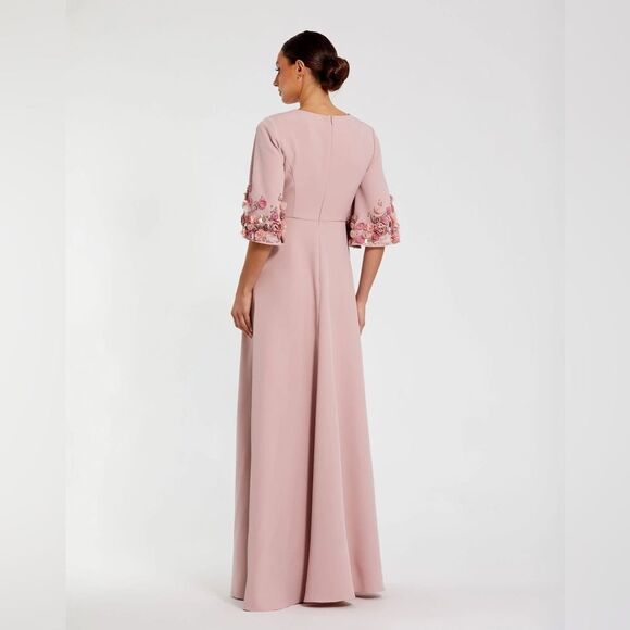 MAC DUGGAL 11854 Pink Crepe 3/4 Sleeve A-line Gown With Flower Trim - Picture 4 of 13